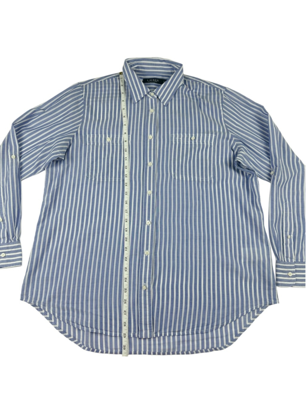 Lauren Ralph Lauren Shirt Womens XL Blue White Striped Button Up Roll Tab Blouse - Picture 4 of 9
